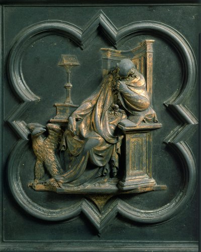 Puerta norte (llamada Puerta de la Cruz, en el norte), detalle exterior: San Juan Evangelista. Escultura de bronce hecha por Lorenzo Ghiberti (1378-1455) de Lorenzo Ghiberti
