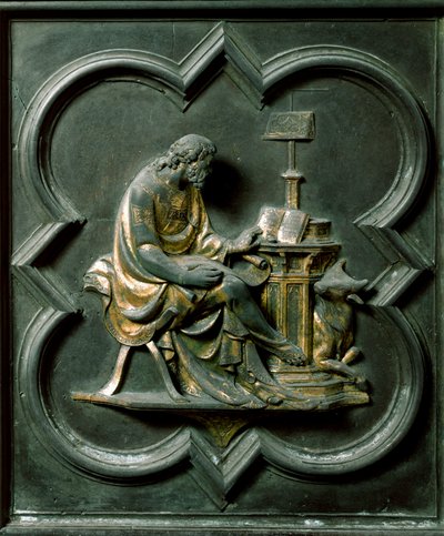 Puerta Norte (llamada Puerta de la Cruz, al norte), detalle exterior: San Lucas evangelista. Escultura de bronce hecha por Lorenzo Ghiberti de Lorenzo Ghiberti