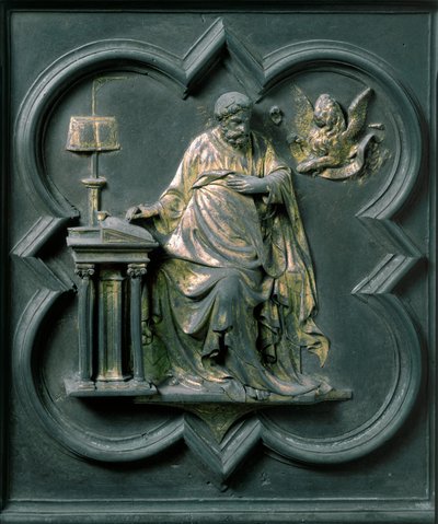Puerta norte (llamada Puerta de la Cruz, en el norte), detalle exterior: San Marcos. Escultura de bronce hecha por Lorenzo Ghiberti (1378-1455) de Lorenzo Ghiberti