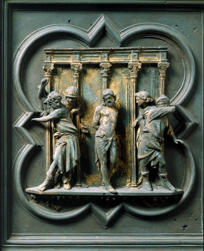 Puerta norte (llamada Puerta de la Cruz, en el norte), detalle exterior: la flagelación. Escultura de bronce hecha por Lorenzo Ghiberti (1378-1455) de Lorenzo Ghiberti