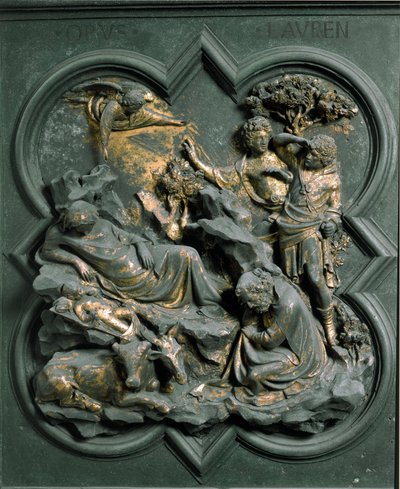 Puerta Norte (llamada Puerta de la Cruz, al Norte), detalle exterior: la Natividad. Escultura de bronce realizada por Lorenzo Ghiberti (1378-1455) de Lorenzo Ghiberti
