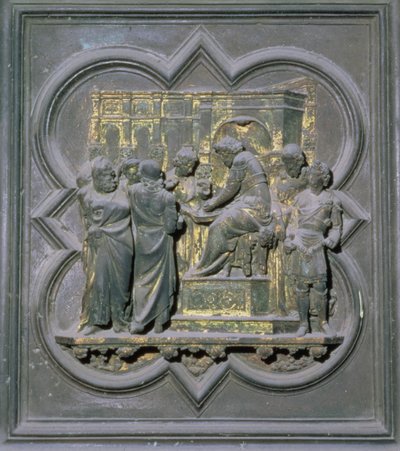 Poncio Pilato lavándose las manos antes de Cristo, decimosexto panel de las Puertas Norte del Baptisterio de San Giovanni, 1403-24 de Lorenzo Ghiberti