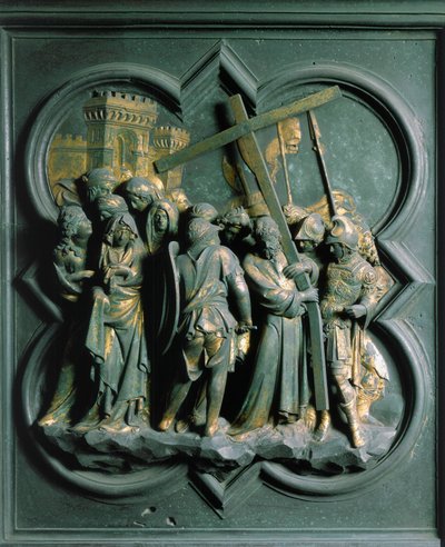 Porte Nord (llamada Porte de la Croix, en el Norte), detalle exterior: "La Subida al Calvario" Escultura de bronce hecha por Lorenzo Ghiberti (1378-1455) de Lorenzo Ghiberti