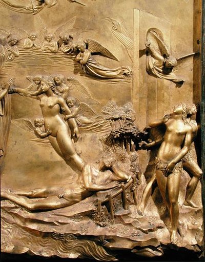 La historia de Adán, detalle de la Creación de Eva y La Expulsión, de uno de los paneles originales de las Puertas del Este del Baptisterio de Lorenzo Ghiberti