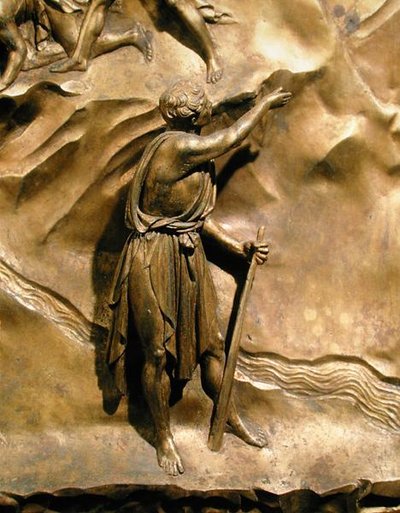 La historia de Caín y Abel, detalle de Caín, panel original de las Puertas del Este del Baptisterio de Lorenzo Ghiberti