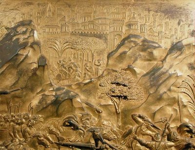 La historia de David y Goliat, detalle de fondo del panel original de las Puertas del Este del Baptisterio de Lorenzo Ghiberti