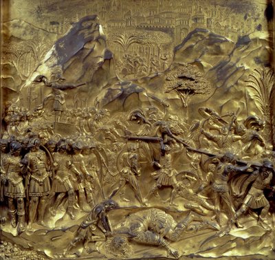 La historia de David y Goliat, uno de los diez paneles de relieve de las Puertas del Paraíso (puertas este), 1425-52 de Lorenzo Ghiberti