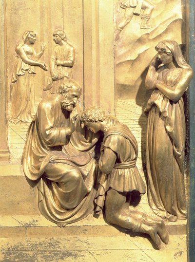 La historia de Jacob y Esaú, detalle de Isaac bendiciendo a Jacob (post restauración) de Lorenzo Ghiberti