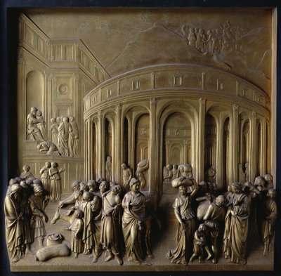 La historia de José: José vendido como esclavo, el hallazgo de la copa de plata y José reconocido por sus hermanos, uno de los diez paneles de relieve de las Puertas del Paraíso de Lorenzo Ghiberti