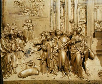 La historia de José, detalle del hallazgo de la copa de plata, del panel original de las Puertas del Este del Baptisterio de Lorenzo Ghiberti
