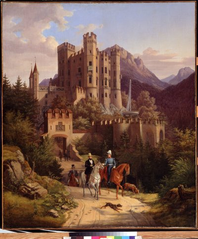 El príncipe heredero Maximiliano cabalgando en Hohenschwangau. Maximiliano II de Baviera (1811-1864) delante de su castillo de Hohenschwangau en Baviera (Alemania). Pintura de Lorenzo II Quaglio (1793-1869) de Lorenzo II Quaglio