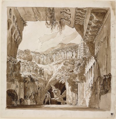 Diseño de escenario con un hombre luchando contra un dragón en una cueva de Lorenzo I Quaglio