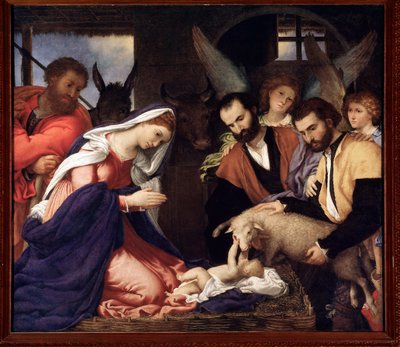 Adoración de los pastores. El niño Jesús juega con una oveja de Lorenzo Lotto