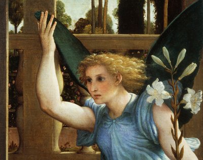 Ángel anunciador, (detalle) de la Anunciación, ca 1434, por Lorenzo Lotto de Lorenzo Lotto