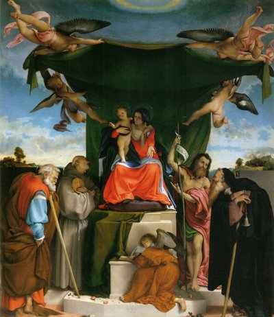 Alemán: Thronende Madonna, Engel und Heilige Madonna enthroned with child, angels, and saints de Lorenzo Lotto