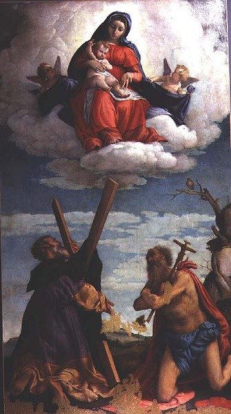 Madonna y Niño en Gloria con San Andrés y San Jerónimo de Lorenzo Lotto