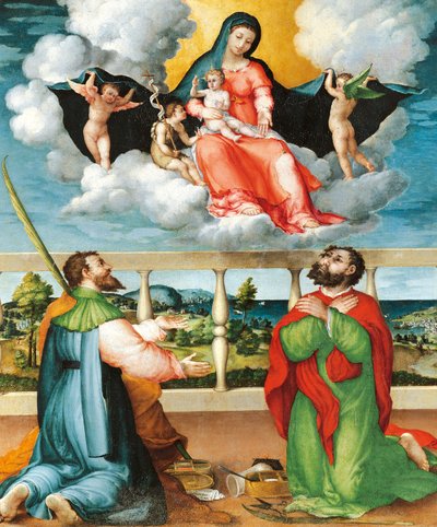 Madonna en Gloria con los Santos Cosme y Damián en adoración de Lorenzo Lotto