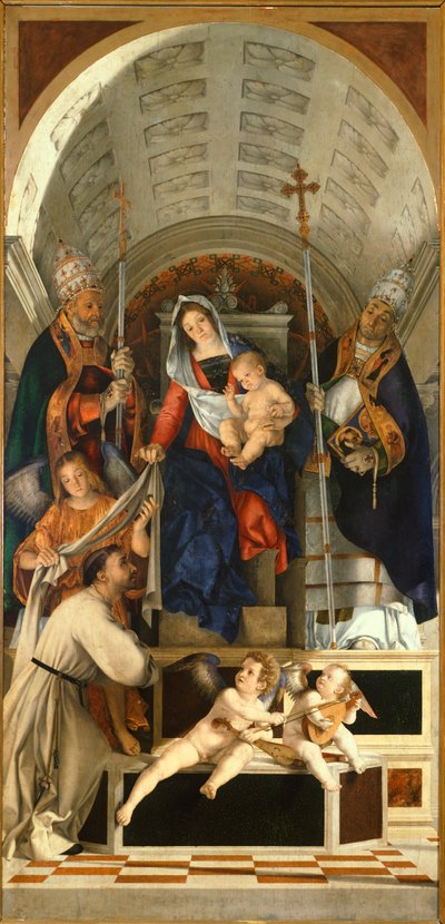 Madonna con Niño y Santos Domingo, Gregorio y Urbano, tabla principal del Retablo de San Domenico de Recanati por Lorenzo Lotto de Lorenzo Lotto