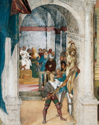 Martirio de Santa Bárbara, detalle de Cristo-Vino y Leyenda de Santa Bárbara de Lorenzo Lotto (circa 1480 - 1556), fresco, detalle, Villa Suardi, Capella Suardi, Trescore Balneario de Lorenzo Lotto