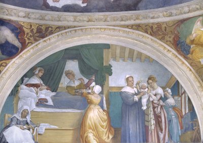 Natividad de la Virgen, luneta de la Capilla Lotto de Lorenzo Lotto