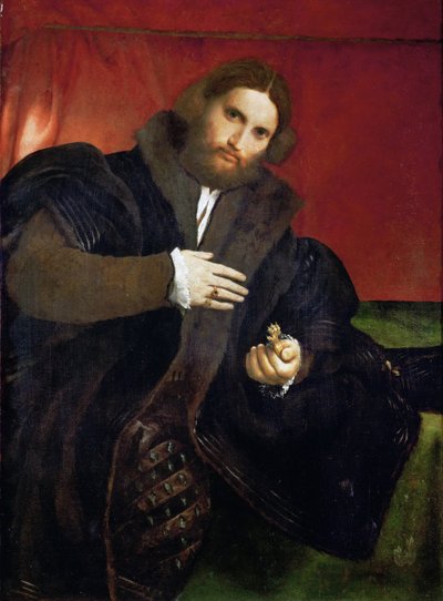 Retrato de hombre con una garra dorada (Leonino Brembate) de Lorenzo Lotto