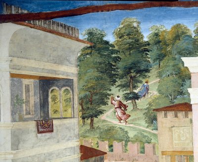 Santa Bárbara siendo perseguida por el bosque, Cristo-Vid y Leyenda de Santa Bárbara por Lorenzo Lotto (detalle) de Lorenzo Lotto