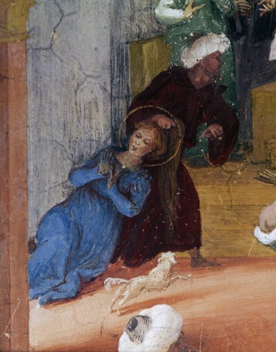 Santa Bárbara siendo arrastrada por su cabello frente al magistrado, (detalle) de Historias de Santa Bárbara de Lorenzo Lotto