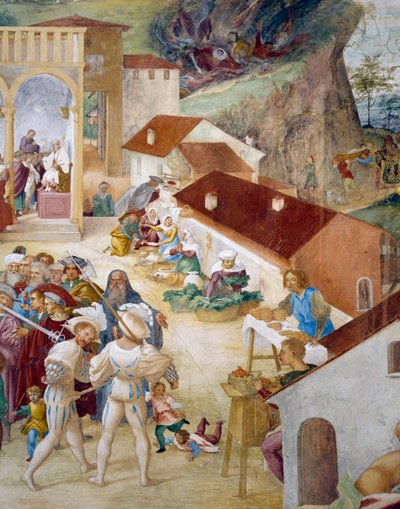 Soldados, gente común y mercado, (detalle) de Lorenzo Lotto