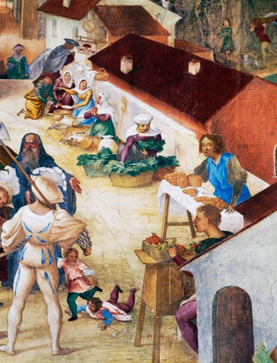 Soldados, campesinos y mercado, (detalle) de Historias de Santa Bárbara de Lorenzo Lotto