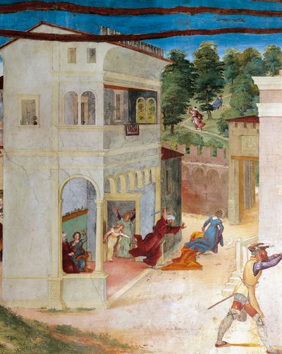 Santa Bárbara atacada por su padre, detalle de Cristo-Vid y Leyenda de Santa Bárbara (detalle) de Lorenzo Lotto