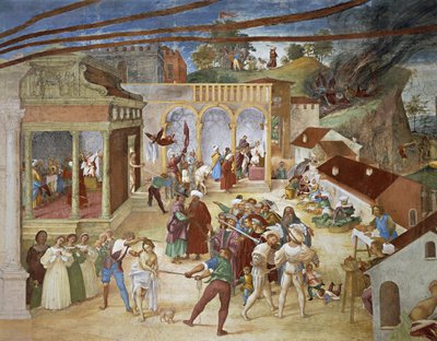 Santa Bárbara siendo conducida por las calles de la ciudad, detalle de Cristo-Vino y Leyenda de Santa Bárbara de Lorenzo Lotto (circa 1480 - 1556), fresco, detalle, Villa Suardi, Capella Suardi, Trescore Balneario de Lorenzo Lotto