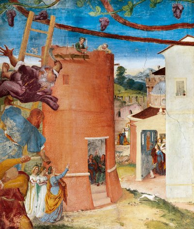 Santa Bárbara en la torre (detalle) de Cristo-Vid y Leyenda de Santa Bárbara por Lorenzo Lotto de Lorenzo Lotto