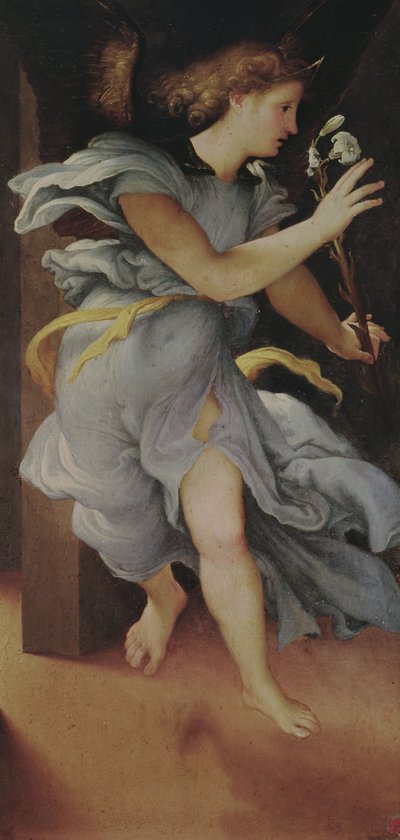 El Arcángel Gabriel, panel izquierdo de la Anunciación de Lorenzo Lotto