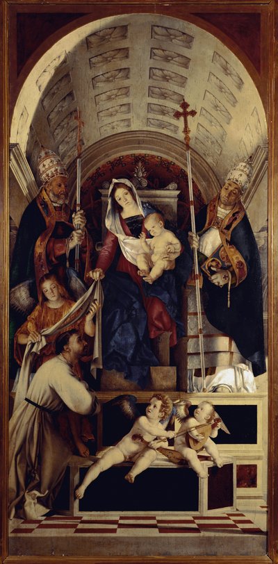 La Virgen y el Niño con Santa Dominica, San Gregorio y San Urbano - Parte central del políptico de Recanati de Lorenzo Lotto