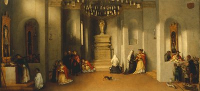 La llamada de Santa Lucía, primer panel de la predela del Retablo de Santa Lucía o Santa Lucía ante el juez por Lorenzo Lotto de Lorenzo Lotto