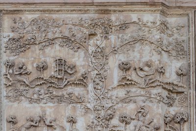 Naamah enseñando a leer a un niño y Tubal-cain golpeando campanas con un martillo; Enos, hijo de Seth, dibujando con compás, Historias del Génesis, bajorrelieves de Lorenzo Maitani, primer pilar, fachada lateral de la catedral de Orvieto, Umbría, Italia de Lorenzo Maitani