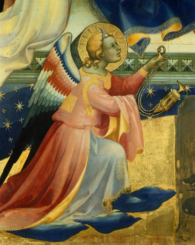 Ángel arrodillado, detalle del panel central de la Coronación de la Virgen de Lorenzo Mónaco (hacia 1370-1425), temple y oro sobre tabla, 506x447, 5 cm de Lorenzo Monaco