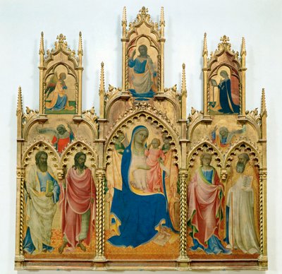 Virgen y Niño Jesús, santos; arriba: Anunciación (temple sobre madera) de Lorenzo Monaco