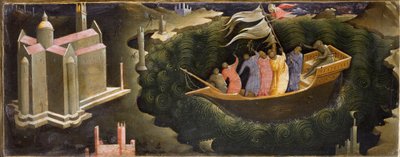 Representación de San Nicolás calmando la tempestad. Nicolás de Myra (o Nicolás de Bari) rescatando un barco del naufragio de Lorenzo Monaco