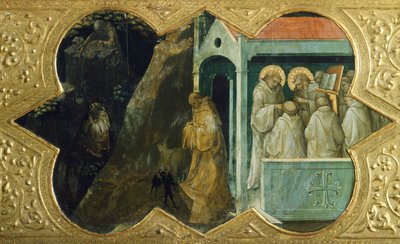 San Benito tentado por el diablo y San Bernardino en el consistorio, detalle de la predela de la Coronación de la Virgen de Lorenzo Monaco (1370-1423), temple sobre tabla, 450x350 cm, Políptico para el altar mayor del monasterio de Santa Maria degli Angeli de Lorenzo Monaco
