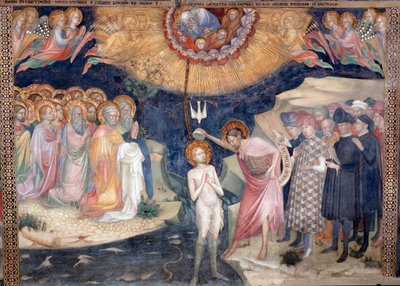San Juan Bautista bautizando a Jesús, con una representación de la Santísima Trinidad (fresco) de Lorenzo Salimbeni