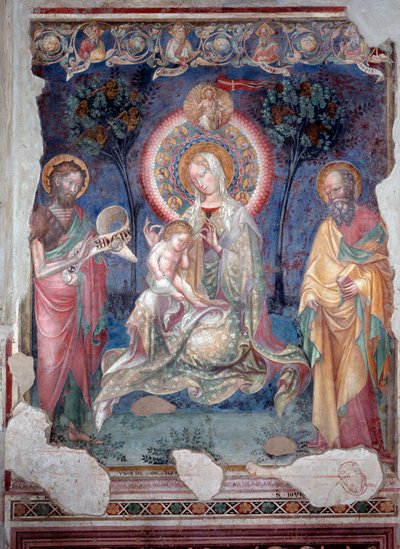 Virgen con niño rodeada por San Santiago Apóstol y San Juan Bautista de Lorenzo Salimbeni