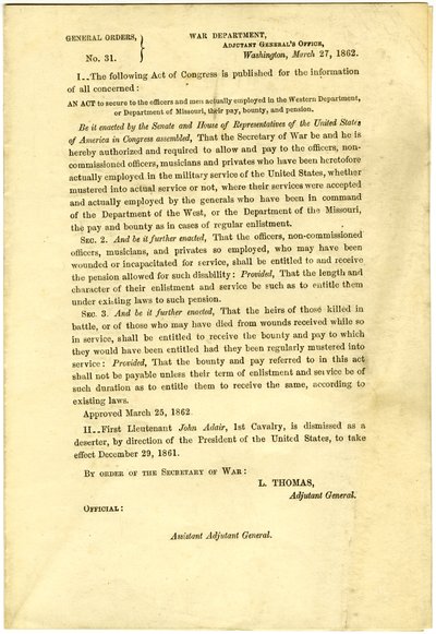 Publicar una Ley del Congreso que asegure el pago, la recompensa y la pensión a los oficiales y hombres empleados en el Departamento Occidental o Departamento de Missouri de Lorenzo Thomas