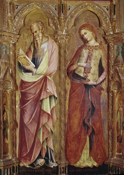 San Juan Evangelista y Santa María Magdalena - Detalle del políptico de la Anunciación (1357, temple y pan de oro sobre madera) de Lorenzo Veneziano