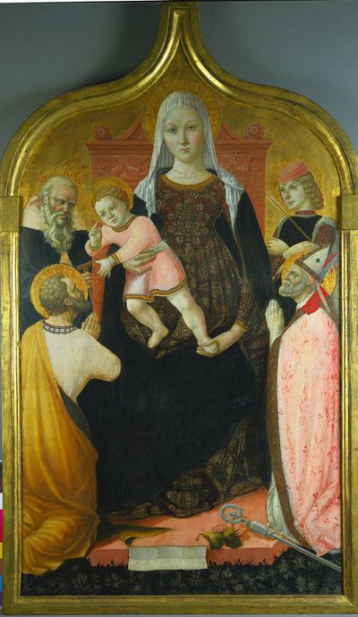 Virgen y Niño, con los santos Antonio Abad, Marcos, Severino y Sebastián, c. 1490-96 de Lorenzo dAlessandro da Severino II