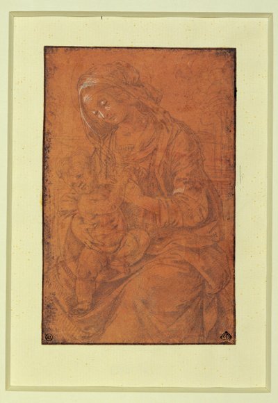 Madonna. Plumín plateado, realzado en blanco sobre papel rosa salmón ... de Lorenzo di Credi