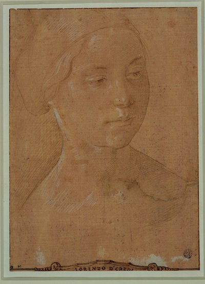 Retrato de mujer, cara de tres cuartos, pelo recogido en una red ... de Lorenzo di Credi