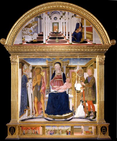 Madonna con Niño y Santos Blas, Juan el Bautista, Nicolás y Florian. La Anunciación, 1462 de Lorenzo di Pietro