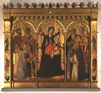 Madonna y el Niño entronizados con santos (tríptico) de Lorenzo di Pietro Vecchietta