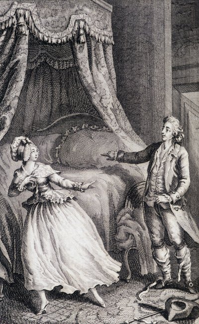 Pareja frente a la cama del dormitorio - en "Les françaises ou 34 examples chosen in the current mores fit to lead daughters, women, wives, mothers" por Restif de La Bretonne (1734-1806), ill. por Binet, Neufchatel de Louis (after) Binet